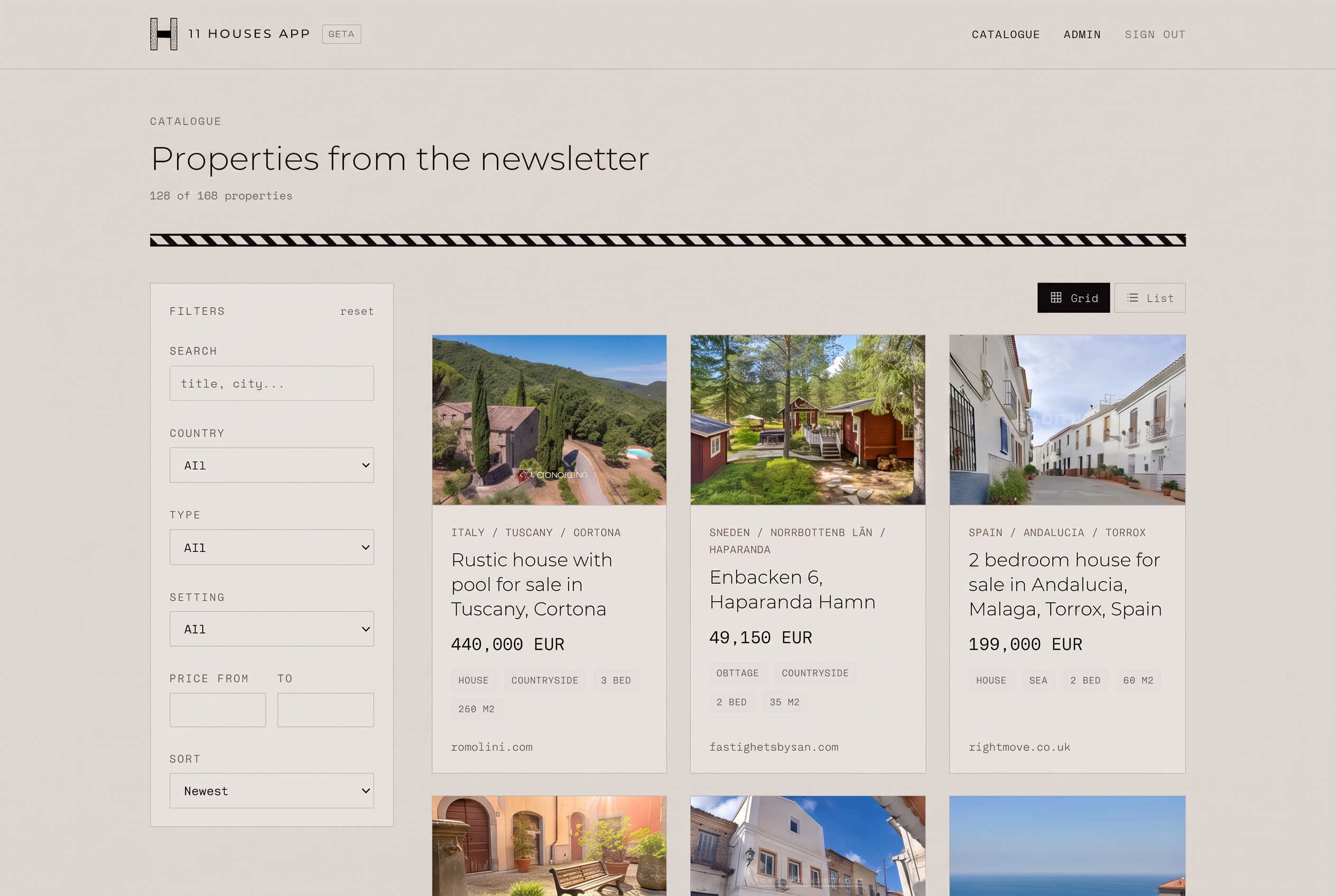 11 Houses app catalogue - property grid with filters by country, type, setting and price
